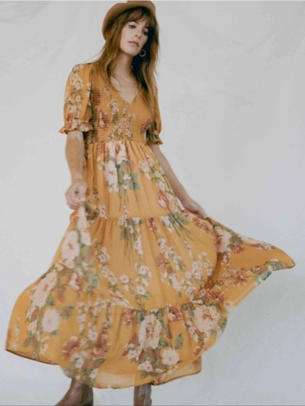 Christy Dawn The Brooklyn Dress Mustard Floral Bohemian Cottagecore Size XSP